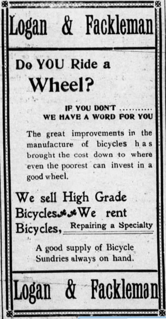 An advertisement for the Logan & Fackelman bicycle shop