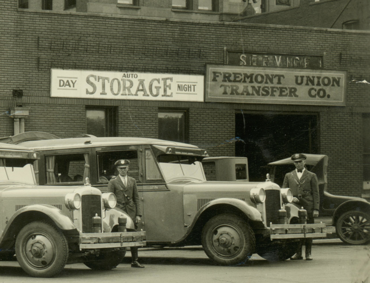 Photo of coaches and drivers outside the Fremont Union Transfer Co. depot